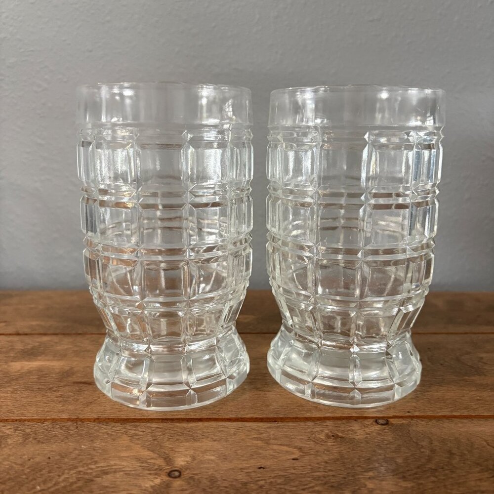 Sklo Union Czech Highball Tumbler Glass Set of 2 Waffle Block Heavy 5 3/4" Tall
